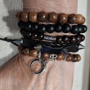 Nwot Unisex Beaded & Leather Spiked Bracelet Set with Crescent Charm